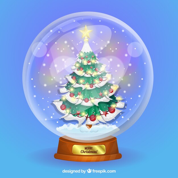 Snowglobe background with decorative christmas tree