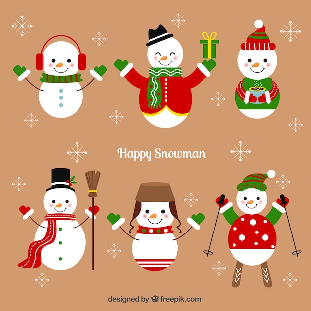 Free Vector snowman collection with winter clothes