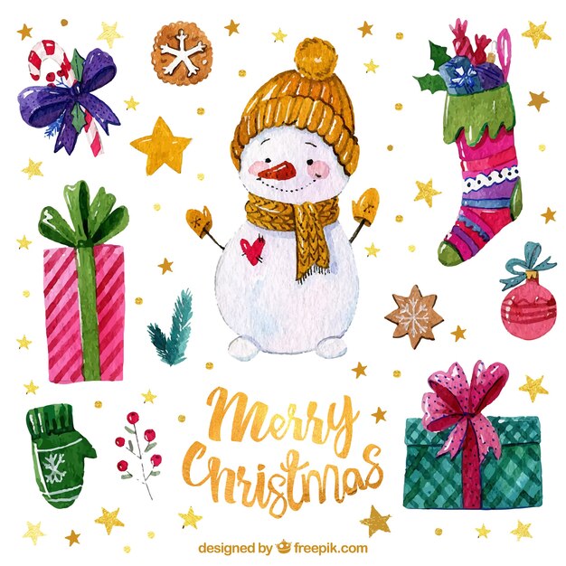 Snowman and watercolor christmas elements