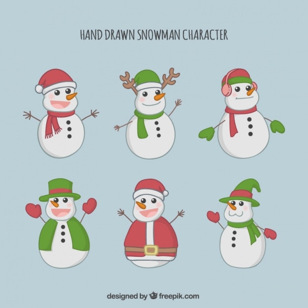 Free Vector snowmen set with hand drawn christmas clothes