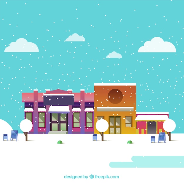 Snowy christmas town with a turquoise sky