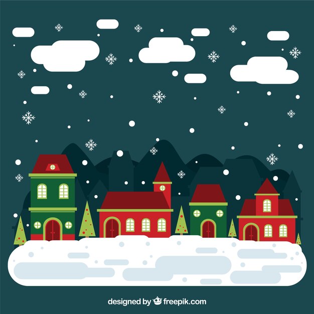 Snowy christmas village in flat design