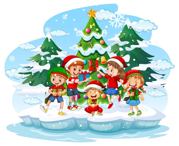 Snowy day with children in Christmas theme