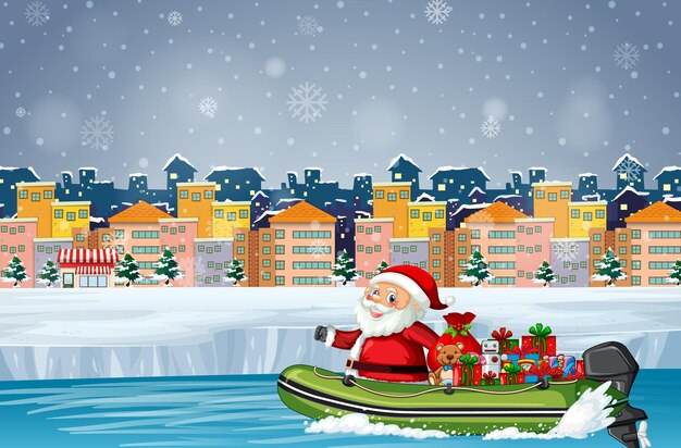 Snowy day with Santa Claus delivering gifts by motorboat