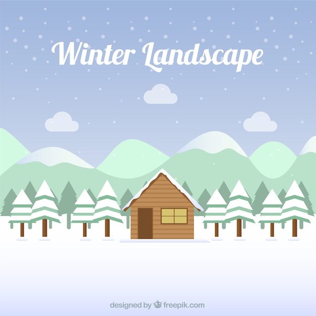 Snowy landscape background with cabin and pines