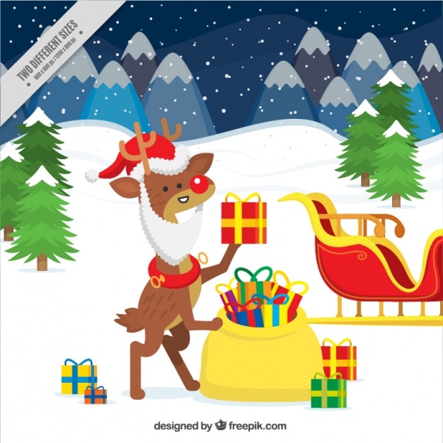 Free Vector snowy landscape background with reindeer dressed as santa claus