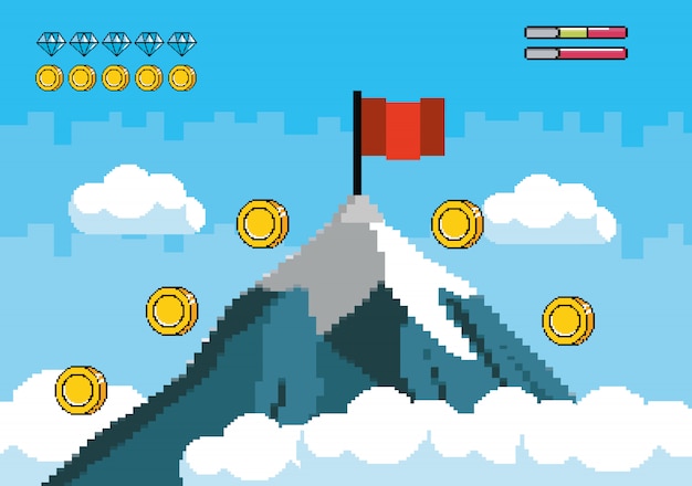 Snowy mountain with red flag and coins