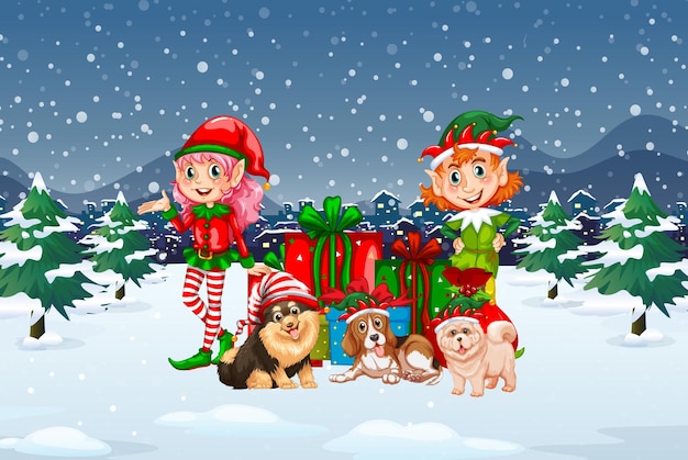 Snowy night scene with Christmas cartoon characters