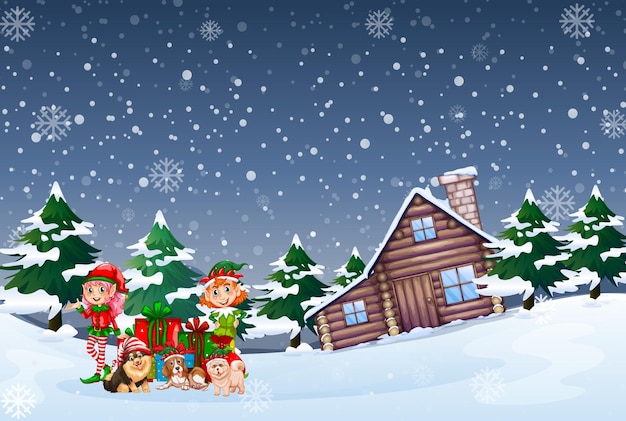 Snowy night scene with elf and dogs in cartoon style