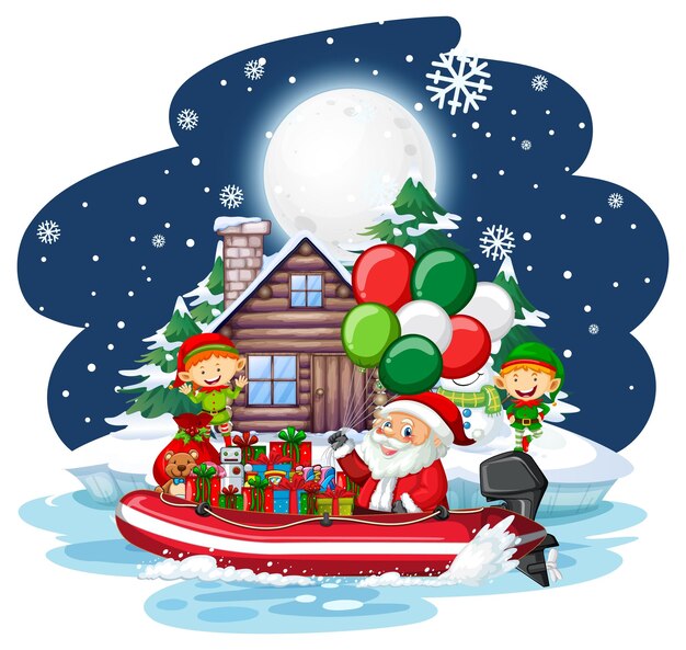 Snowy night with Santa Claus and gift boxes on a boat