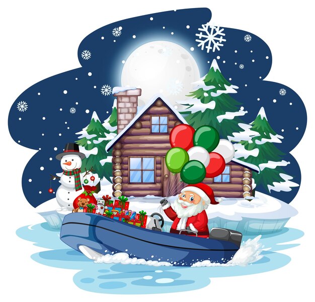 Snowy night with Santa Claus in a speedboat