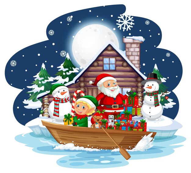 Snowy night with Santa and elves delivering gifts by boat