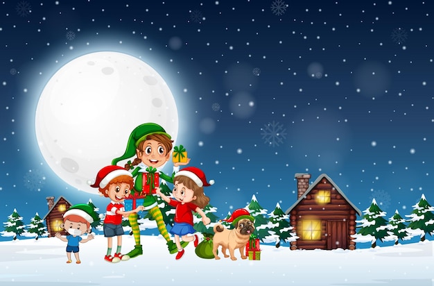 Snowy winter night with Christmas elf and children