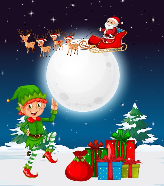 Snowy winter night with Christmas elf and Santa Claus