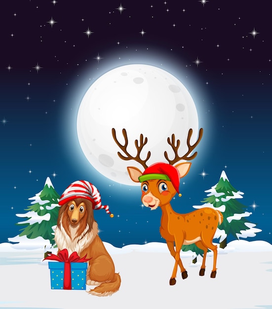 Snowy winter night with Christmas reindeer and a dog