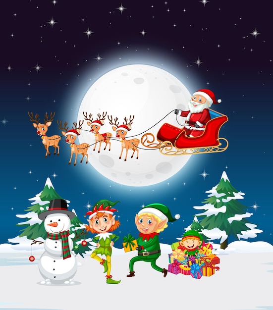 Snowy winter night with Santa Claus on sleigh