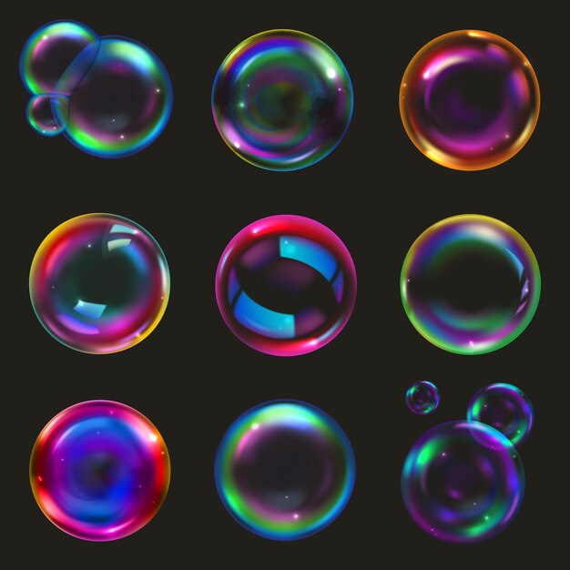 Soap bubbles realistic set on black background isolated vector illustration