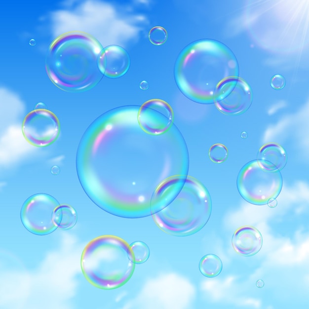 Soap bubbles and sky realistic background with sun shining