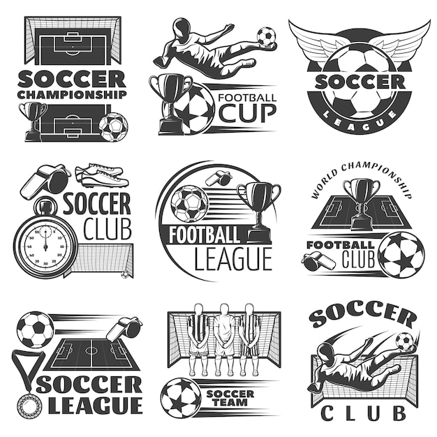 Free Vector soccer black white emblems of clubs and tournaments with sports equipment trophies players isolated