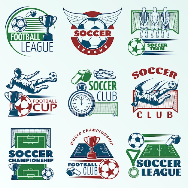 Free Vector soccer colored emblems with players sports equipment trophies referees objects