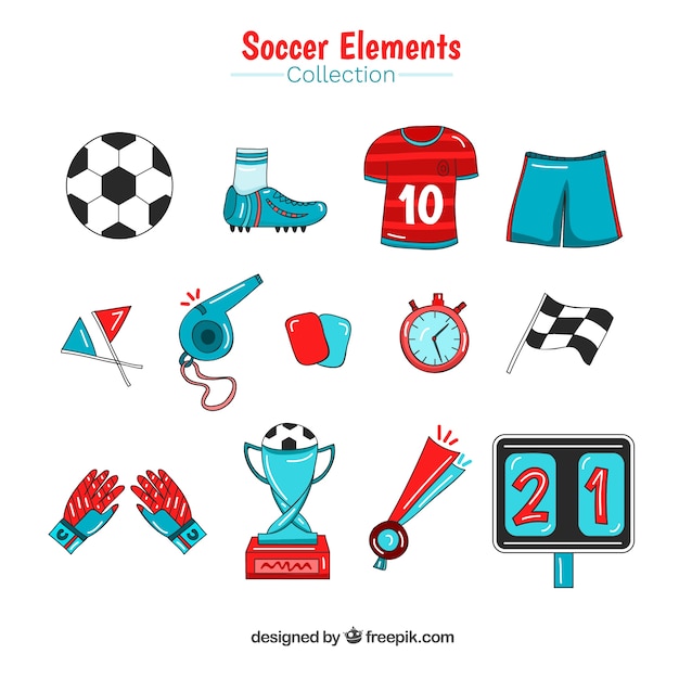 Soccer elements collection in hand drawn style