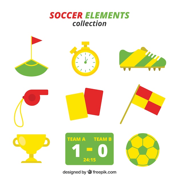 Free Vector soccer elements collection with equipment in flat style