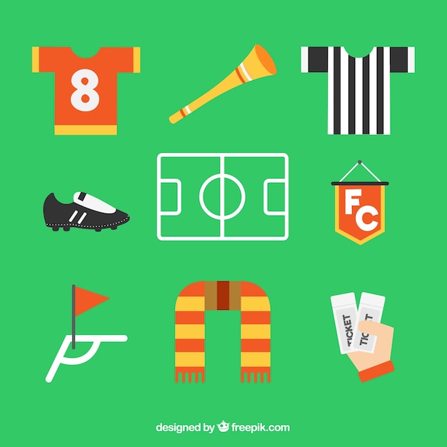 Soccer elements collection with equipment in flat style