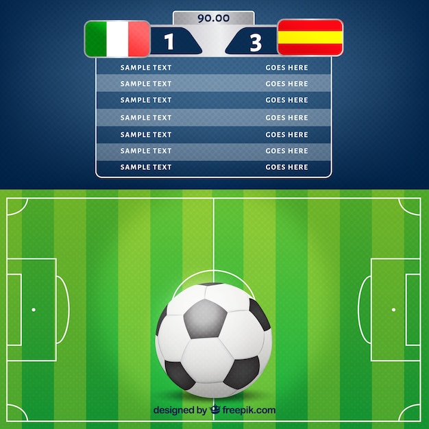 Soccer field background with scoreboard in realistic style