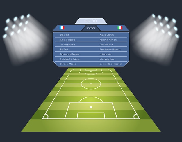 Free Vector soccer field with scoreboard. lighting sport football game stadium. 