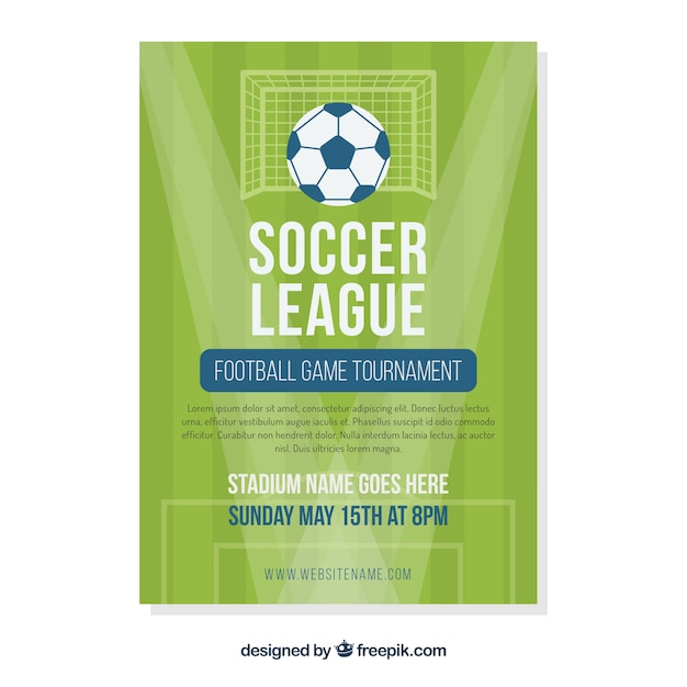 Soccer league flyer with ball and field in flat style 