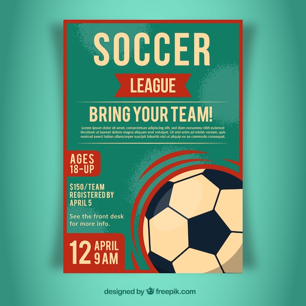 Soccer league flyer with ball in flat style