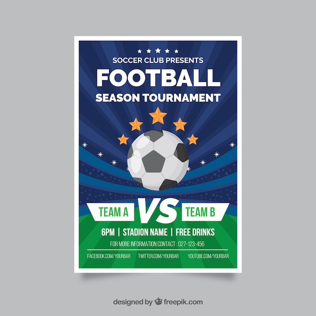 Soccer league flyer with ball in flat style 