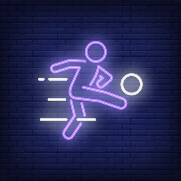 Soccer player kicking ball on brick background. Neon style illustration. 