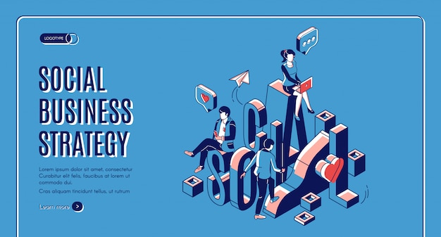 Social business growth isometric landing page