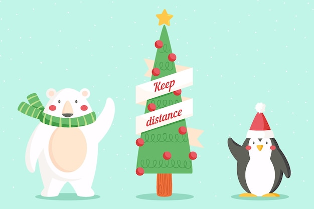 Social distancing concept with christmas characters