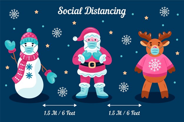 Social distancing concept with christmas characters