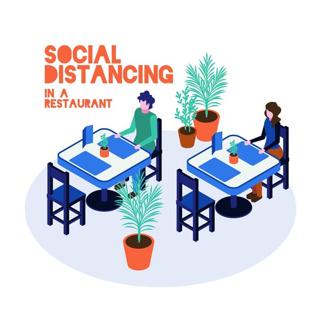 Social distancing in restaurant illustrated