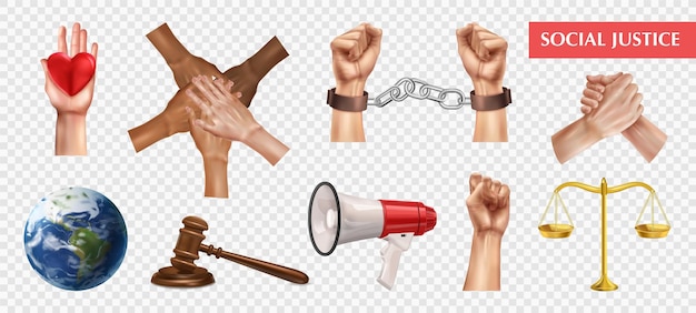 Free Vector social justice transparent set of human fist raised in protest judge gavel scales globe realistic icons isolated vector illustration