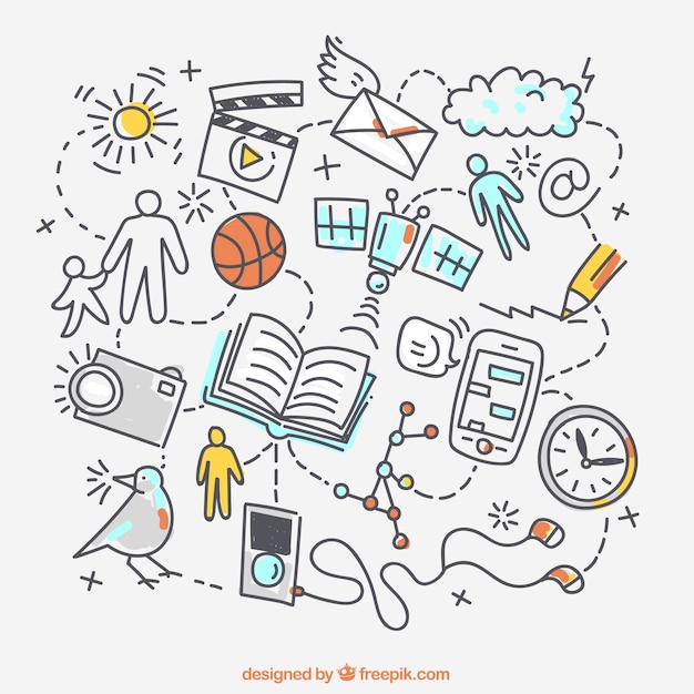 Social media background with hand-drawn elements and color details