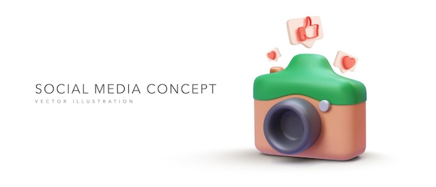 Social media content banner in realistic style with camera and social icons Vector illustration