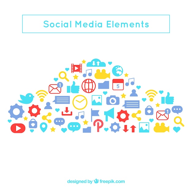 Social media elements in a cloud shape in flat style