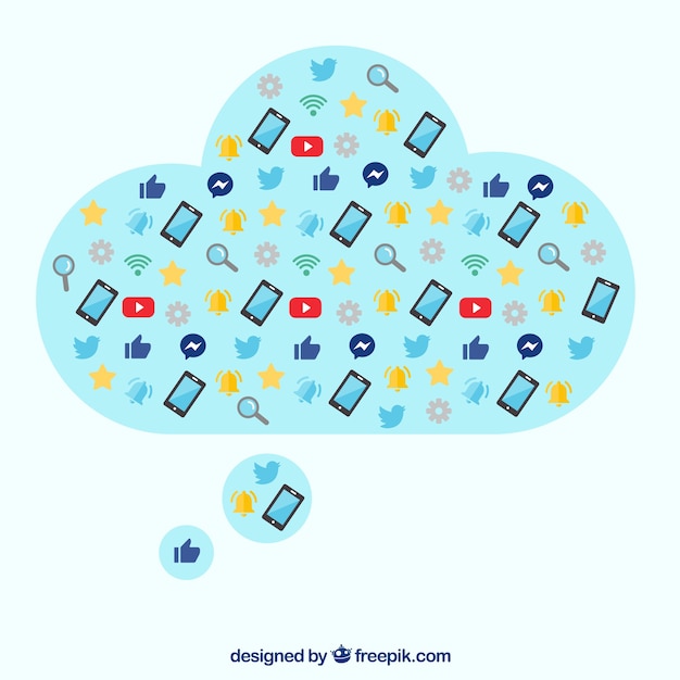 Social media elements in a cloud shape in flat style