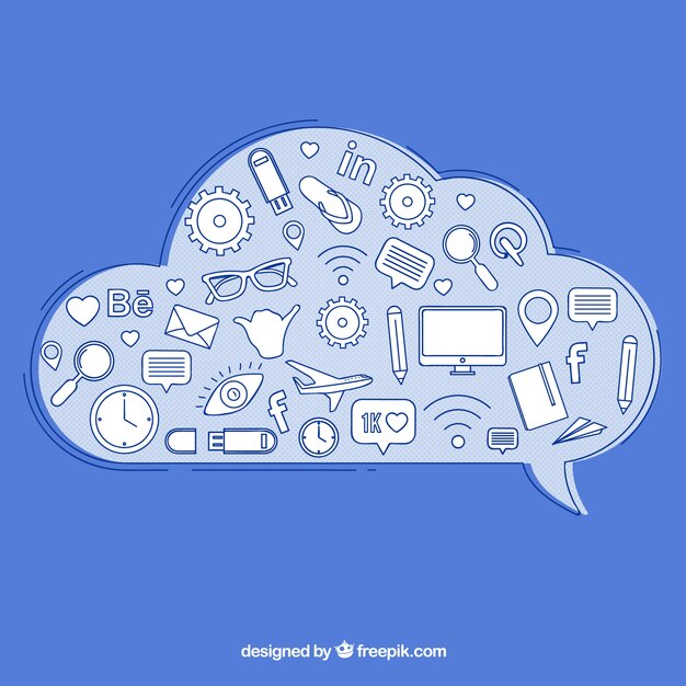 Social media elements in a cloud shape with icons