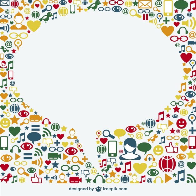 Social media icons surrounding a white speech bubble