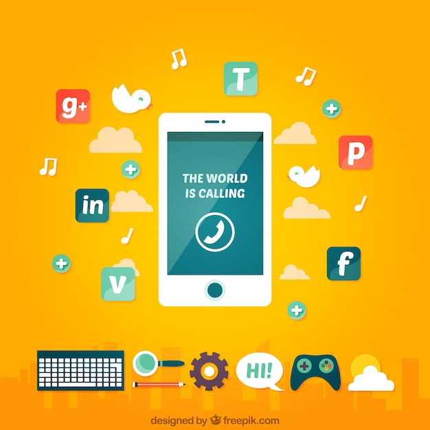 Social media icons with a mobile phone