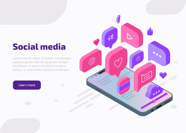 Social media marketing isometric web banner, landing page template. Influencer concept with like, chat, video, music, heart, cloud, internet icons from smartphone screen.