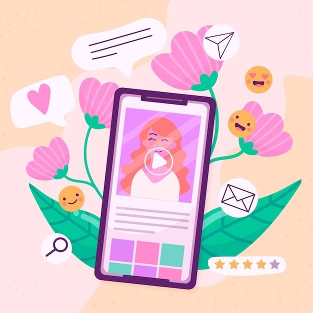 Free Vector social media marketing mobile phone concept with flowers and emoji