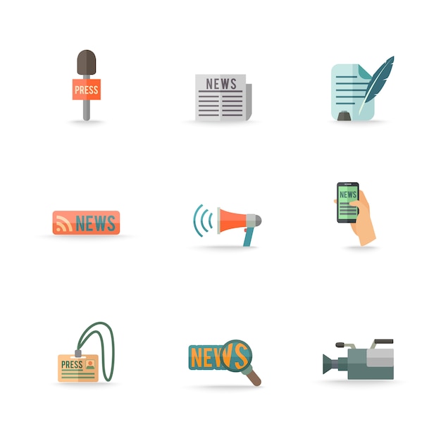 Social media mobile  press center reporter symbols emblems design pictograms collection isolated icons set flat . Editable EPS and Render in JPG format