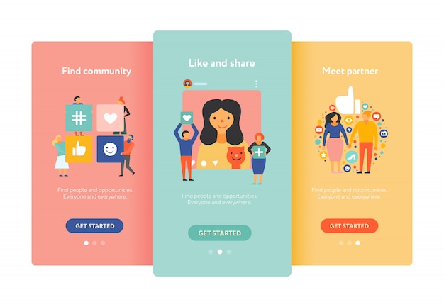 Social media mobile screens flat colorful set with finding community meeting partner like share