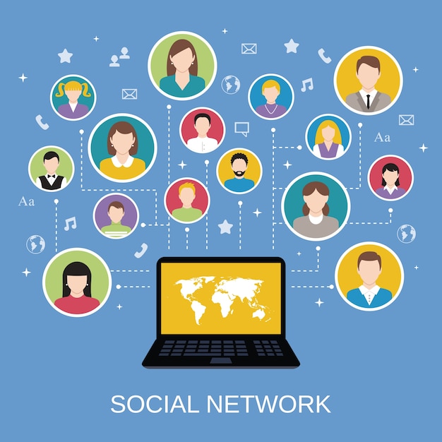 Free vector social media network concept with male and female avatars connected via laptop vector illustration